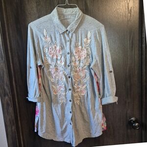 Caite Gray Embroidered Floral Mixed Media Button Down Tunic Top Medium